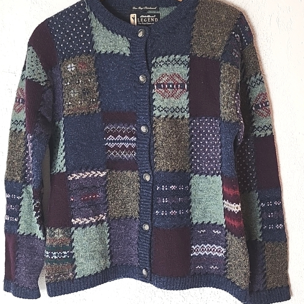 EDDIE BAUER Vintage 100% Wool Deer Bay Patchwork Cardigan Sweater sz S/P Women's